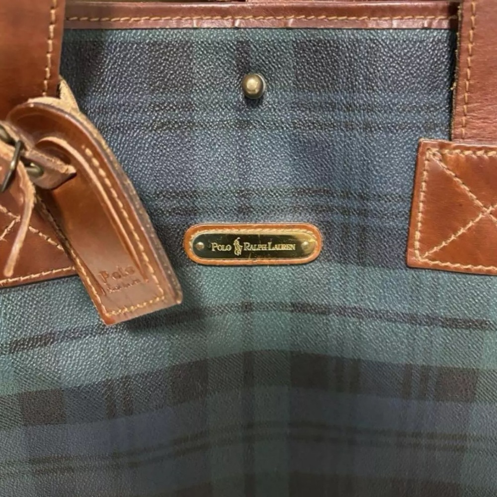 RALPH LAUREN Navy Blue Hunter Green Black Watch Plaid Oversized Camp Tote Bag - Picture 4 of 16